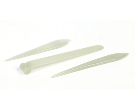 Three Chinese carved celadon jade hair pins, 9.5cm.  Condition Report. To be used as a guide only. Good condition. 
