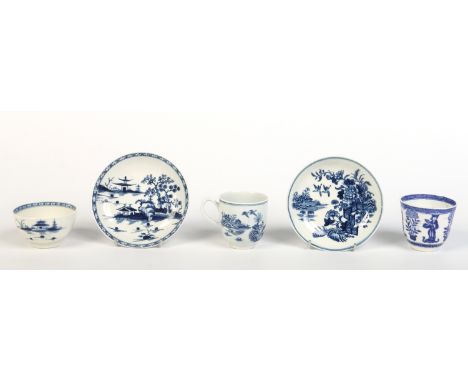 A Worcester Fence pattern coffee cup and saucer, A Worcester Cannonball pattern tea bowl and saucer and a similar beaker.  Co