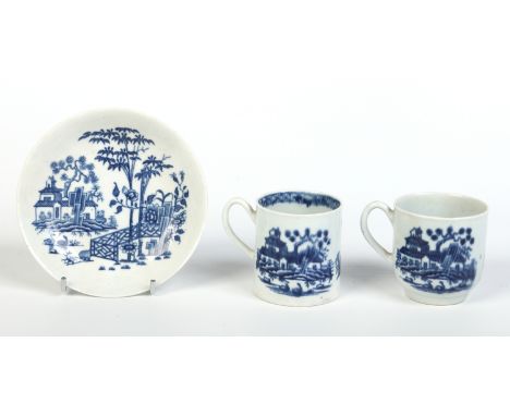 A Worcester coffee can, cup and a saucer. All decorated in underglaze blue with the plantation pattern, saucer printed. Unmar