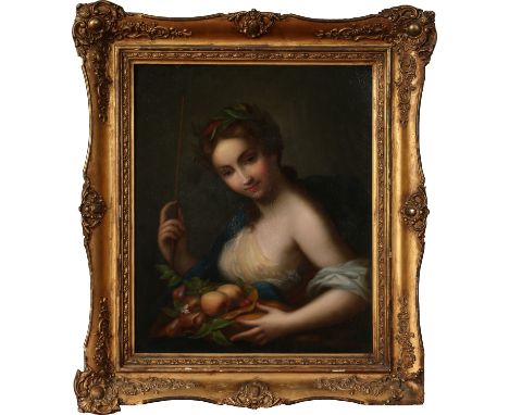 A 19th century Continental school gilt framed oil on tin. Portrait of a young maiden with a basket of fruit, 51.5cm x 42.5cm.