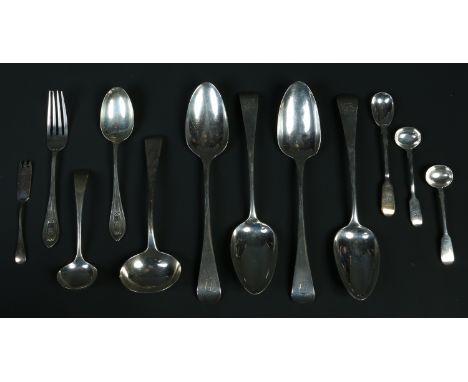 Four Georgian silver tablespoons and a sauce ladle, all London assayed along with seven other spoons and forks of later assay