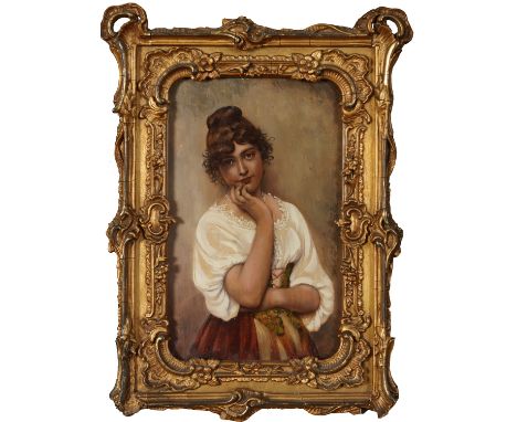 After Eugene Von Blass. 19th century oil on board in swept gilt frame, portrait of Venetian girl, 26cm x 16cm.  Condition Rep
