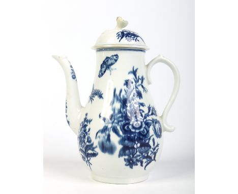 A Worcester coffee pot and cover. Printed in underglaze blue with the Three Flowers pattern. Crescent mark c1770, 22cm. Condi