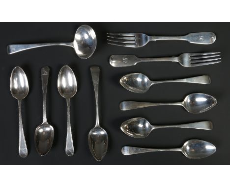 A collection of George III and William IV table cutlery. Including a ladle, two forks and eight dessert spoons, 440 grams.  C