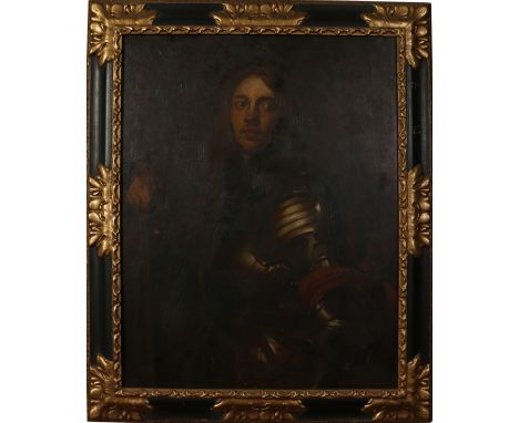 After Anthony Van Dyck (1599-1641) Large oil on canvas, portrait of an armored warrior in parcel gilt and ebonized frame. Sig