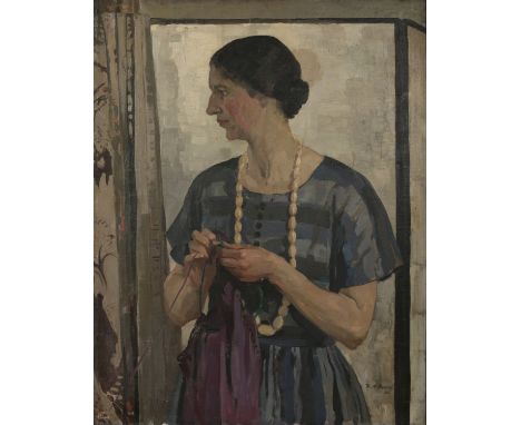 Herbert Ashwin Budd (1881-1950). Large framed oil on canvas. Portrait of a pensive woman knitting. Signed and dated '22, 90cm