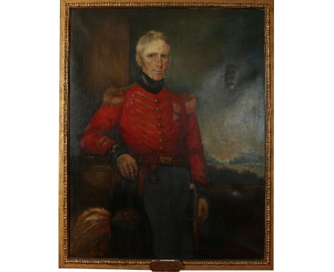 A large 19th century gilt framed oil on canvas, military three quarter length portrait. Plaque names the sitter as Lt. Genera