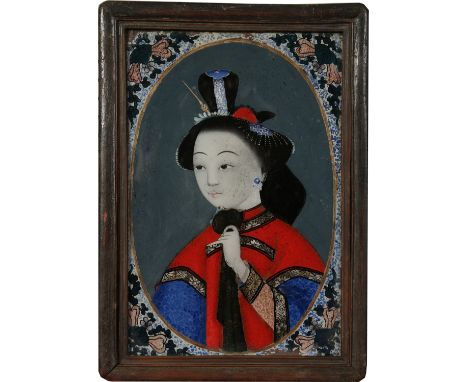 A 19th century Chinese reverse painting on glass in hardwood frame. Portrait of a maiden in oval border, 33cm x 22cm.  Condit
