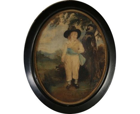 After Sir Joshua Reynolds. A small oval watercolour portrait miniature of Viscount Althorp. Ink inscription verso, 20cm x 15c