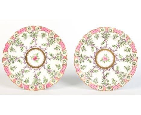 A pair of Royal Worcester lobed cabinet plates after Dr Wall originals. With pink ground trellis borders, gilded, having purp