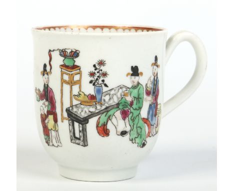 Two Worcester coffee cups with grooved loop handles. Each decorated in coloured enamels with Oriental figures and gilded, c17