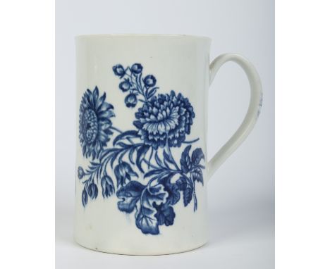 A Worcester cylindrical tankard with grooved strap handle. Printed in underglaze blue with the Natural Sprays Group. Hatched 