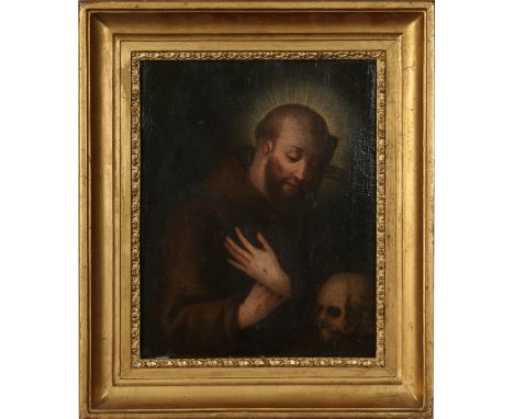 Italian school 18th century gilt framed oil on canvas. Portrait of a Saint holding a cross and looking at a skull, possibly S