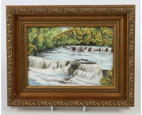 A framed Royal Worcester plaque by G. Moody depicting a river landscape. Signed, printed black mark, 11.5cm x 17cm.  Conditio