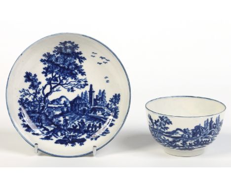 Three Worcester tea bowls and saucers. Printed in underglaze blue with the Fruit Sprigs, the Fruit and Wreath and the Europea