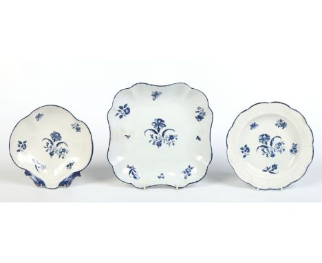 A Worcester shell shaped dessert dish, square shaped dish and a small lobed plate with ozier moulded borders and printed with