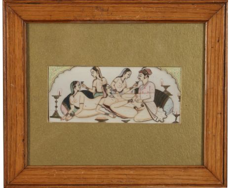 A 19th century Indian erotic watercolour portrait miniature on ivory in light oak frame, 6cm x 15cm. Condition Report. To be 