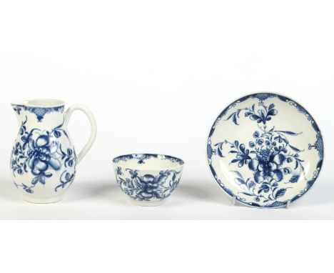 A Worcester sparrow beak cream jug and tea bowl and saucer. Painted in underglaze blue with the Mansfield pattern. Open cresc
