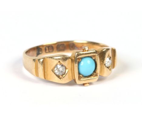 A Victorian 18 carat gold ring set with a turquoise cabochon flanked by two diamonds. Assayed Birmingham 1883. 3.12 grams, ri