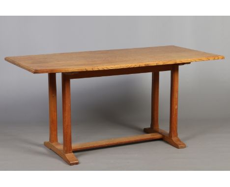 An Arts & Crafts light oak trestle table raised on chamfered square supports, 152cm x 76cm.  Condition Report. To be used as 