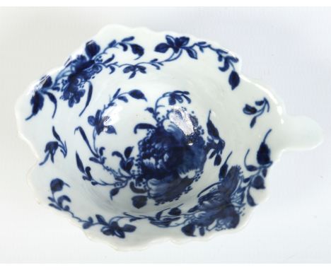 A Worcester geranium leaf moulded butterboat. Painted in underglaze blue with the Butterboat Mansfield pattern. Workman's mar