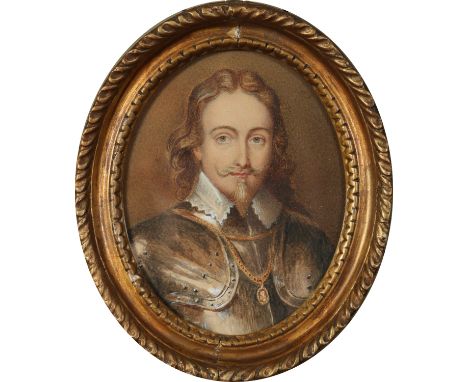 A Victorian small gilt framed oval watercolour portrait of an English Civil War soldier, 15cm x 11.5cm.  Condition Report. To