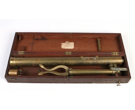 A 19th century brass astronomical telescope in oak case by Dollond of London on tripod stand, 75.5cm long closed.  Condition 
