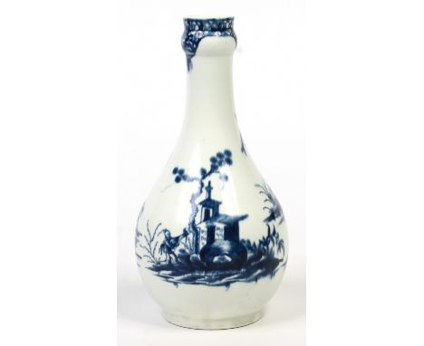 A Worcester water bottle or guglet. Painted in underglaze blue with the Willow Bridge Fisherman pattern. Open crescent mark c