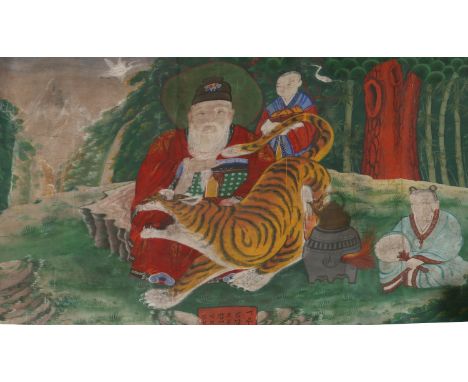A large Chinese unframed watercolour on silk. Portrait of a deity with a tiger and young boy, 91cm x 122cm. 