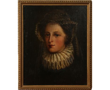 English school gilt framed oil on canvas laid on board. Early portrait of a 17th century lady in waiting wearing a ruff and l
