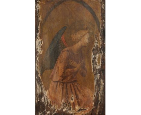 A cased Italian tempera fragment on wooden panel, portrait of an angel, probably a Grand Tour piece, 37cm x 24cm.  Condition 