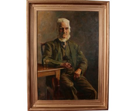 William Dennison Breeks (19th century). A large gilt framed oil on canvas, portrait of an old bearded gentleman seated at a t