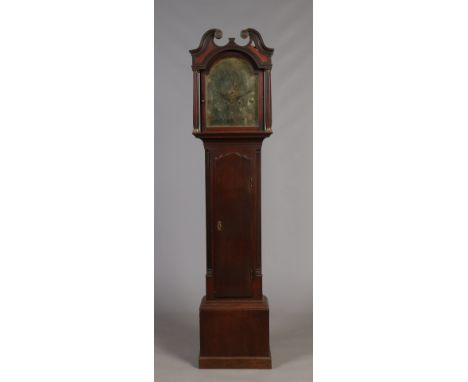 A George III oak cased eight day longcase clock by Jonathan Scott of Edinburgh. With engraved brass arch top dial incorporati