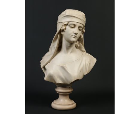 Guglielmo Pugi (Italian 1850-1915). A carved alabaster portrait bust of a maiden wearing a head scarf. Signed, 62cm.  Conditi