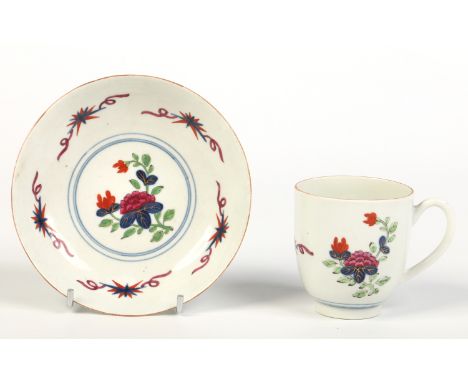 A Worcester coffee cup and saucer painted in coloured enamels and underglaze blue in the thunder and lightening pattern. Conc