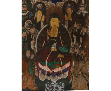 A large Chinese unframed watercolour on silk. Portrait of Buddha and attendants, 153cm x 145cm. 