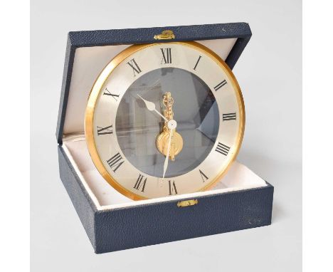 A Cased Jaeger le Coultre, circular mantel clockCase with some small scratches, case discoloured in parts and with some stain