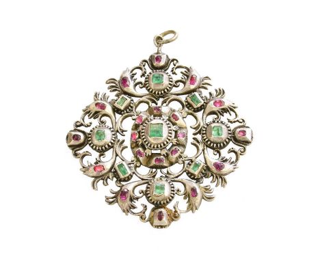 A Ruby and Emerald Pendant, the square step cut emerald within a border of oval cut rubies, in white rubbed over settings, to