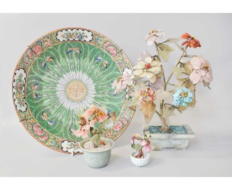 A Cantonese Dish, and a Chinese jade, rose quartz and carnelian bonsai tree and two other hardstone plants34.5cm diameter, mu