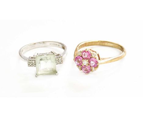 A 9 Carat Gold Pink Sapphire and Diamond Cluster Ring, finger size P; and A 9 Carat White Gold Prasiolite and Diamond Ring, f