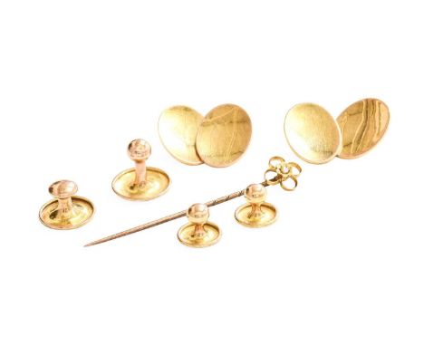 A Pair of 9 Carat Gold Cufflinks, comprising of chain linked oval plaques; Four Dress Studs, three stamped '9CT', one hallmar