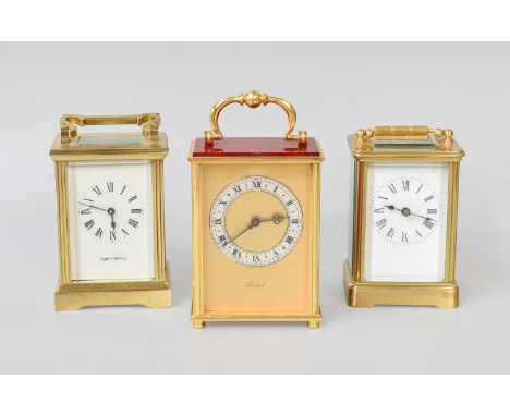 Three Brass Carriage Timepieces, a modern brass carriage timepiece, with white enamel dial, signed Mappin &amp; Webb ltd., 15