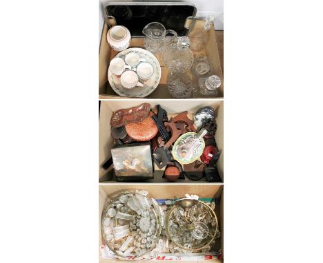 Miscellaneous items: sundry wood stands, three decanters, water jug, hanging light fittings, other glassware, black Deco tray