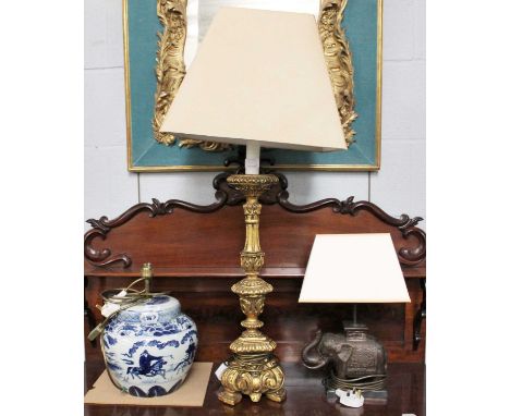 A Chinese Blue and White Porcelain Lamp Base; probably OKA, together with a gilt lamp base in the form of a candle stick and 