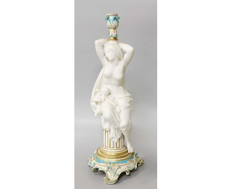A Minton Parian Ware Figural Candlestick, 43cm highTwo feet restored. An element is broken off and lacking from the child's h