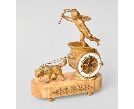 A Small Gilt Metal and Sienna Marble Chariot Form Mantel Timepiece, early 20th century, height 18cmMinute hand missing, movem
