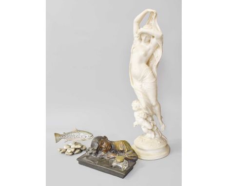 An Austrain Painted Pottery Figural Inkwell, ceramic model of a fish and a Parian figure of a classical nude, 55cm high(3)Par