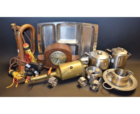 A copper bugle; a brass meat jack; a mantel timepiece; a sewing machine crank handle; etc