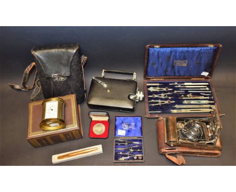 A set of draughtsman's cased instruments, Simplex series; others, AG Thornton, cased; early 20th century folding camera, Watc