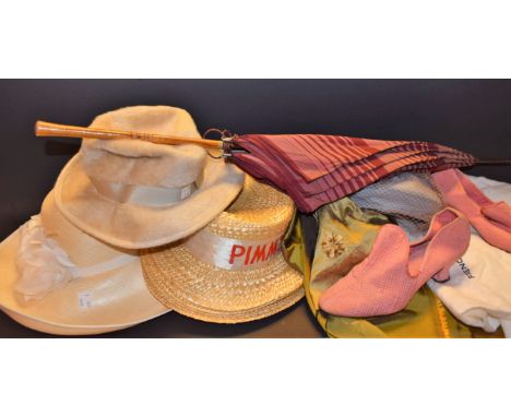 Vintage Costume - a pair of early 20th century parlour slippers; a Selfridges lady's hat with hat box; a Lawtex parasol, c196